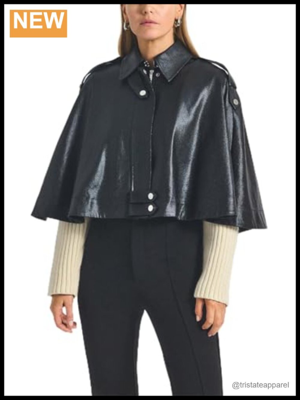 Coated Twill Cape with Knitted Sleeves - Women's Designer Cape Jacket